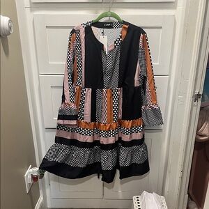 Mixed-Print Long Sleeve Tiered Dress in Black, Pink & Rust